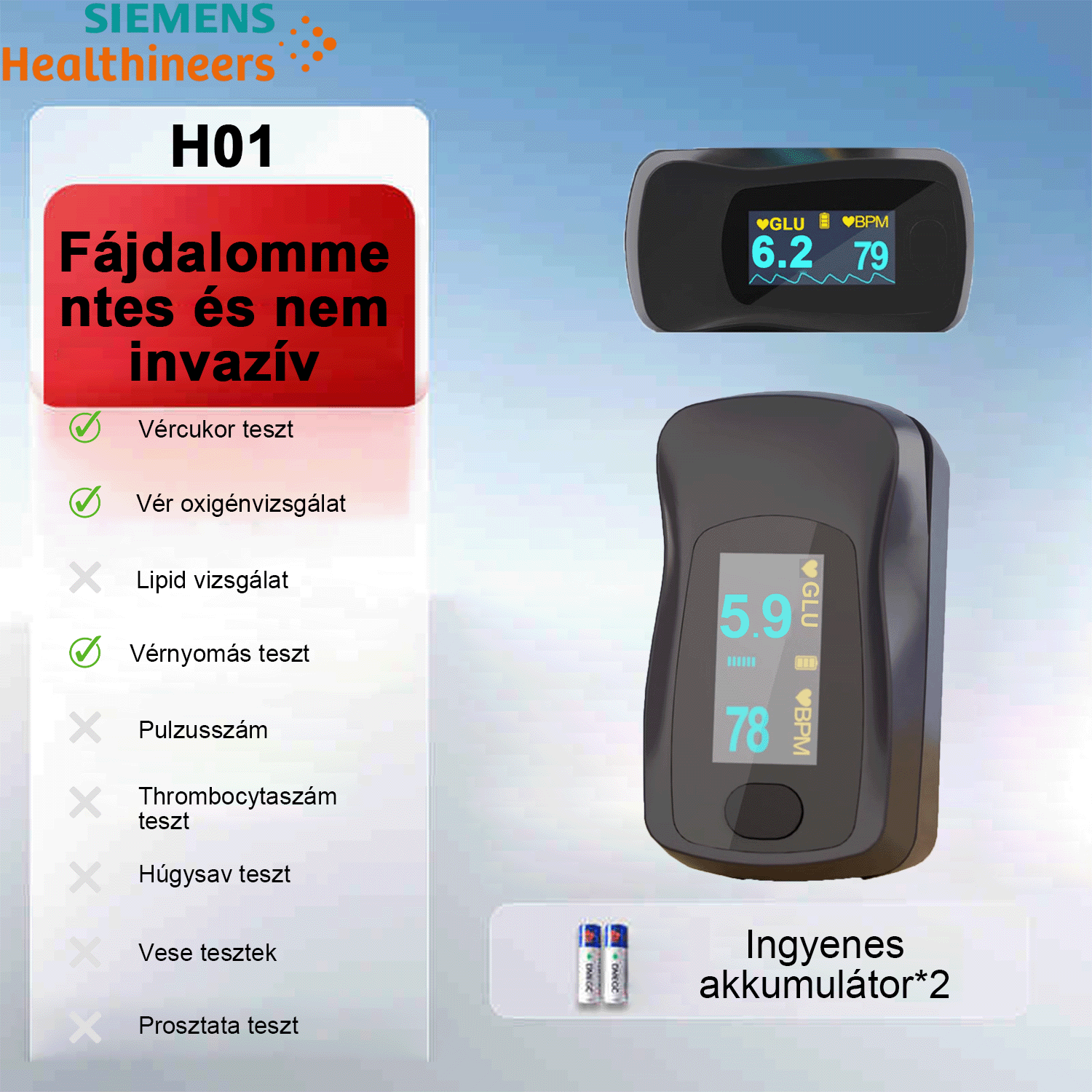 Vércukormérő (vércukor + véroxigén + vérnyomás) + ingyenes elemek*2